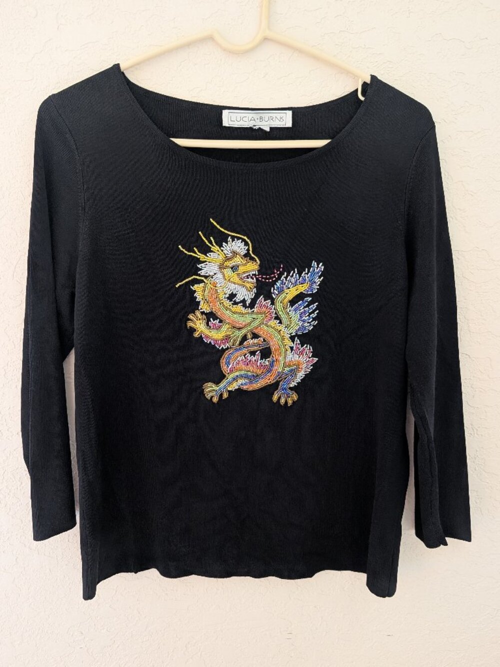 Vintage Lucia Burns Chinese Beaded Dragon 3/4 Sleeve Blouse Shirt Hong Kong Y2K
